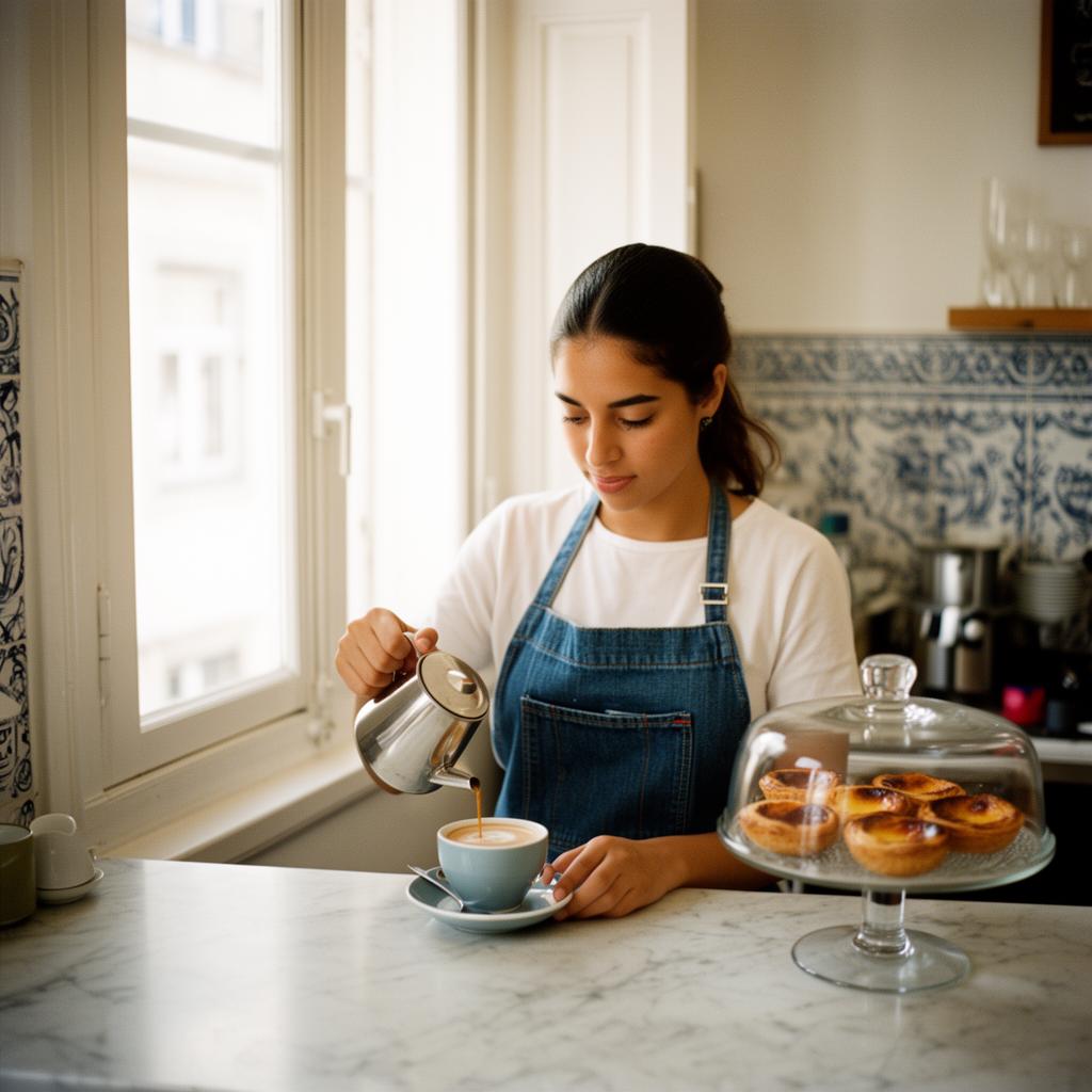 Barista a preparar um galão num café tradicional de Lisboa com azulejos