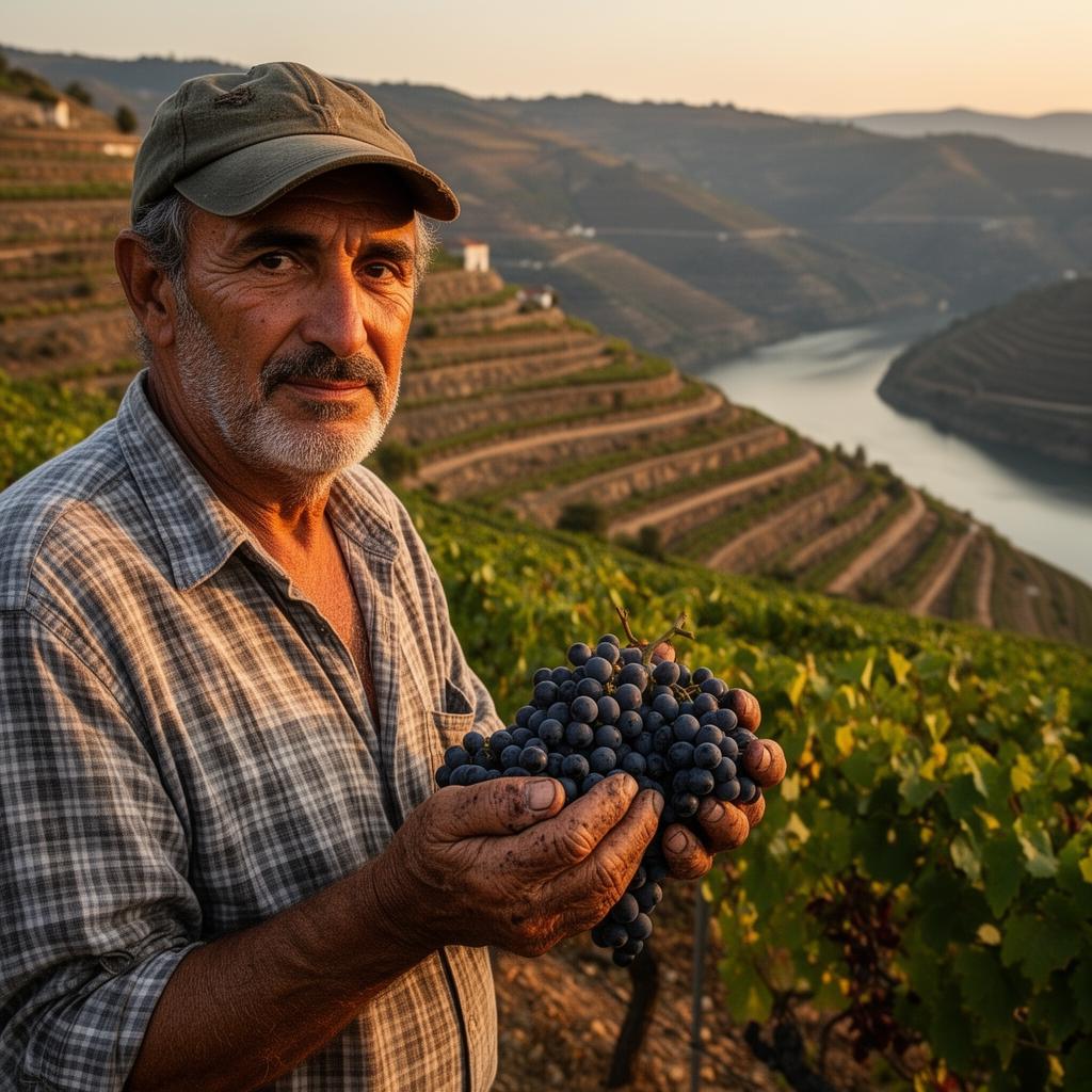 Vinhateiro do Douro a segurar um cacho de uvas tintas ao pôr-do-sol